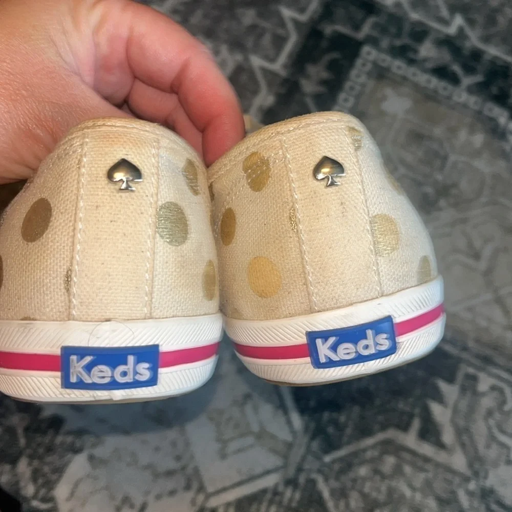 Kate Spade Keds Gold and White Sneakers with Polka Dot Design size 9.5